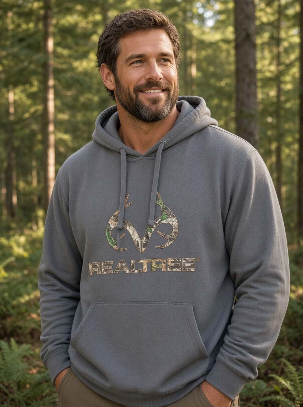 Realtree Men's Fleece Pullover Hoodie Gray with Camo Antler Logo Size Large